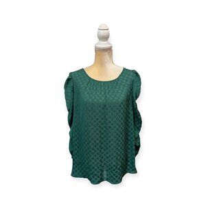 Max Studio Jacquard Shine Dot Ruched Sleeves Blouse Size L Large Green
